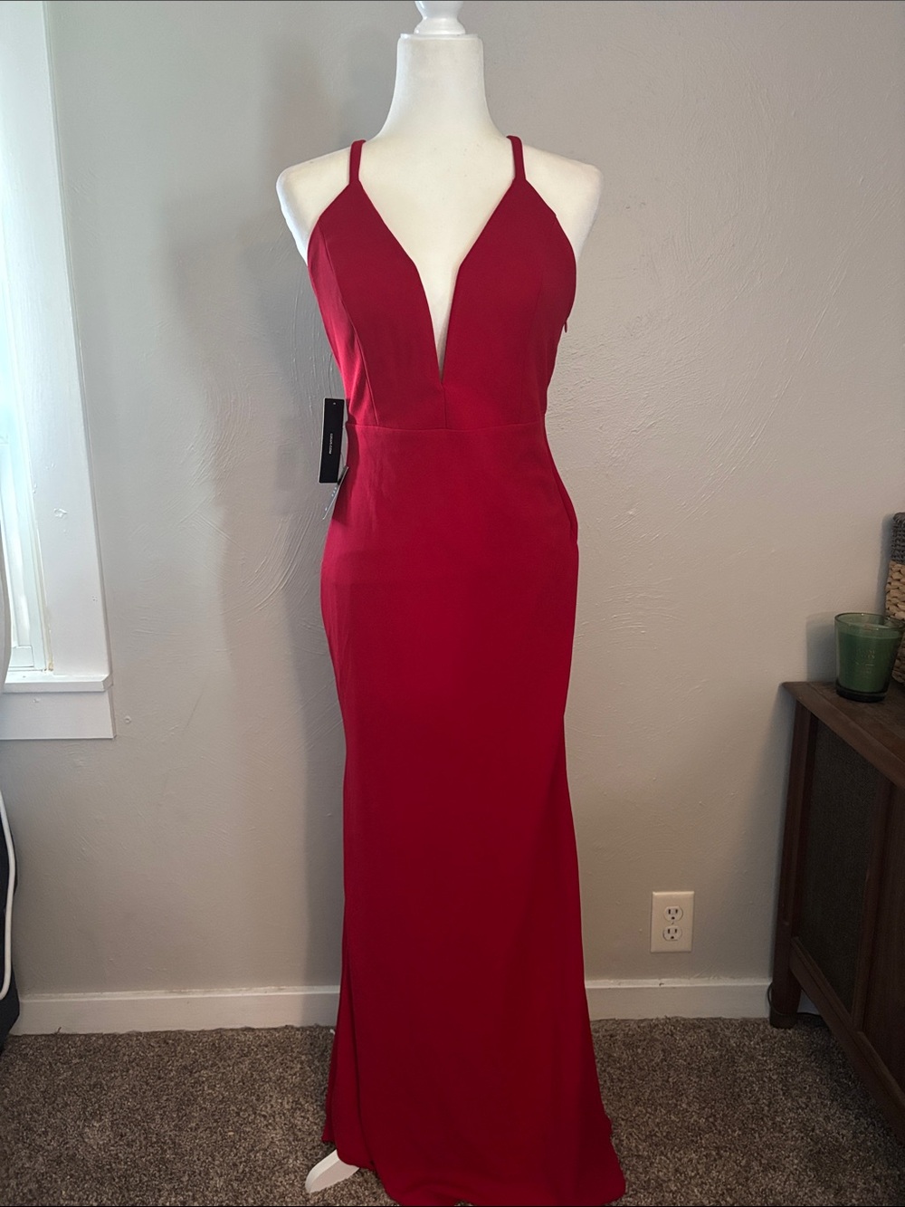 Lulus Elegant Red Plunge Neck Spaghetti Strap Evening Gown